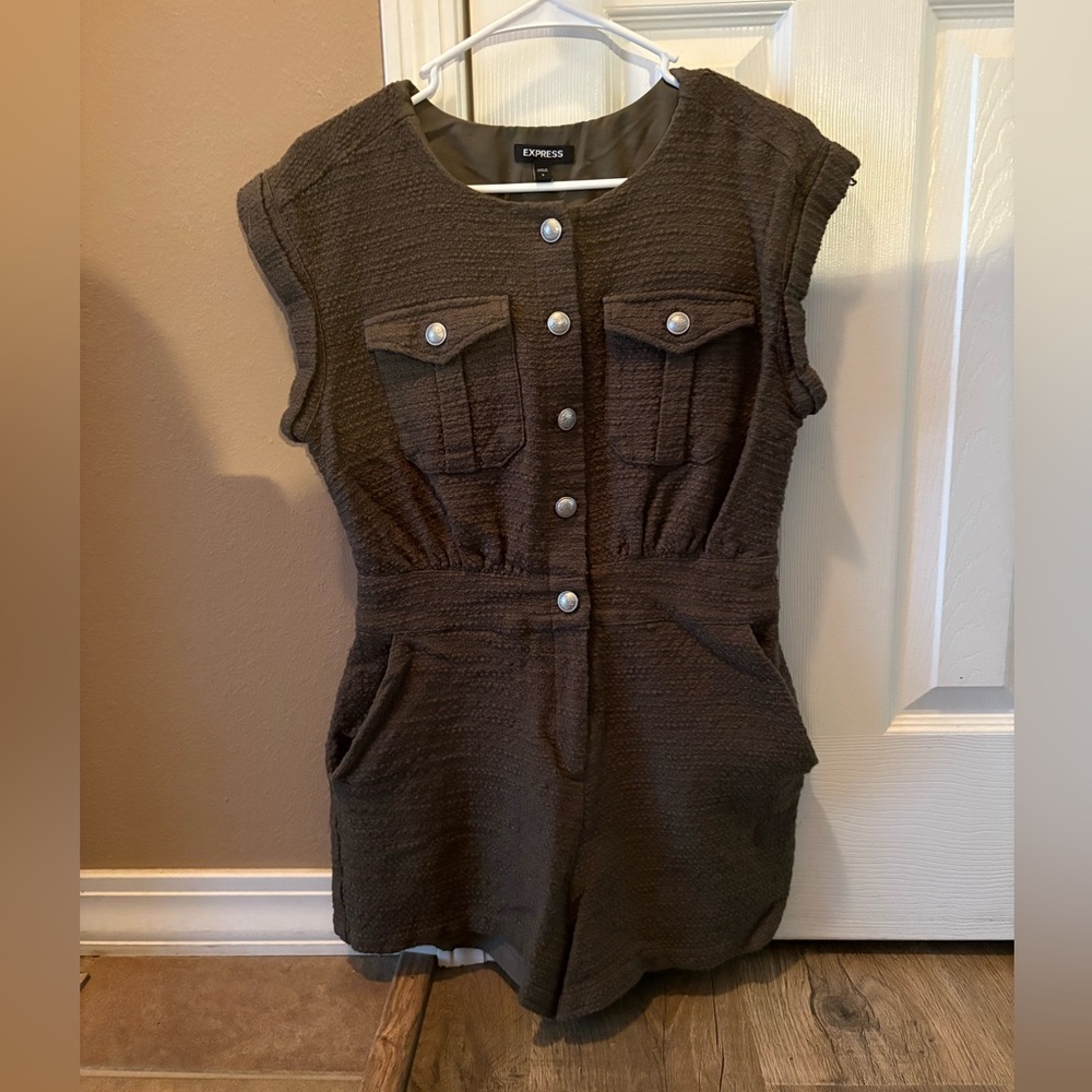Express Dark Green Button-Up Romper - image 1